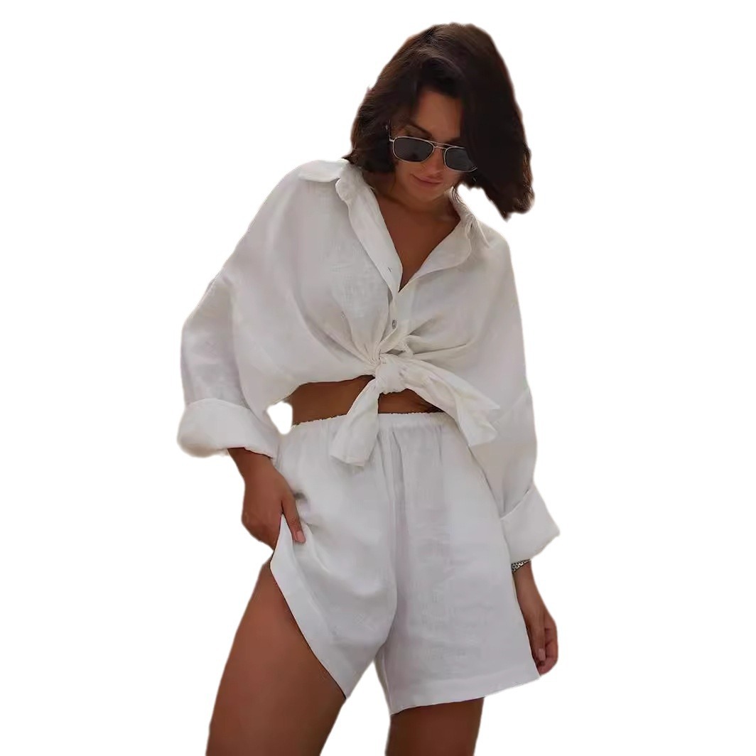 Cross-Border European And American 2025 Summer New Women Vacation Casual Loose Long Sleeve Shirt + Shorts Set_ecoleips.com