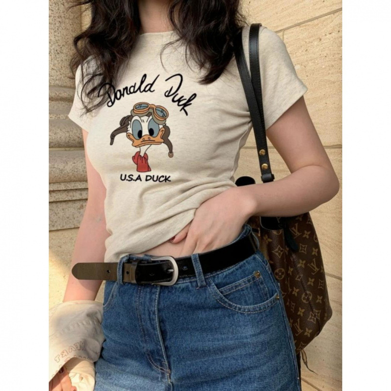 American-Style Straight-Shoulder Short-Sleeve T-Shirt for Women, Spring and Summer, Age-Reducing Printed Slim-Fit Top, Round-Neck Student T-Shirt, Tight-Fitting Top, Ins American-Style Straight-Shoulder Short-Sleeve T-Shirt for Women, Spring and Summer, Age-Reducing Printed Slim-Fit Top, Round-Neck Student T-Shirt, Tight-Fitting Top, Ins