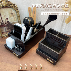 中古風ネイルツール収納ボックスサンダー磨きヘッドブラシコットンピース用品大容量デスクトップくるみ色