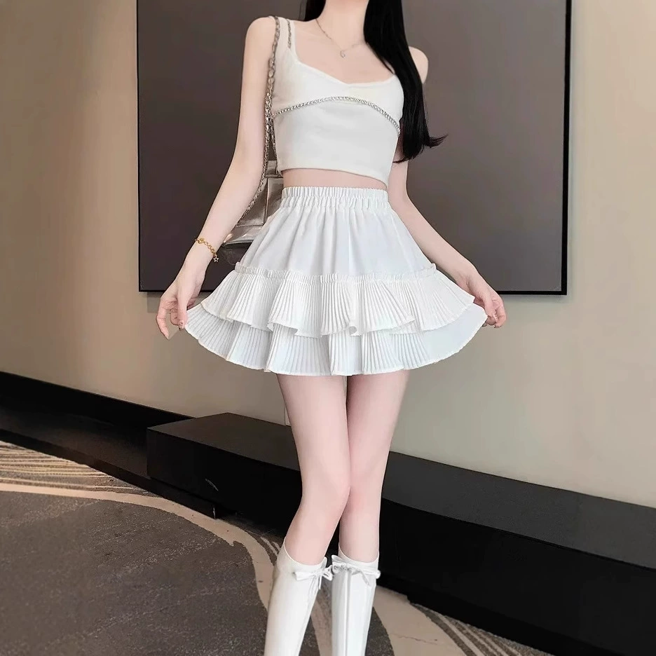 Юбка-пачка в стиле балета, двухслойная, женская, лето 2025, высокая талия, утягивающая, А-силуэта, плиссированная, с рюшами
