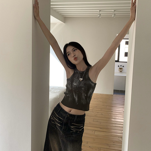 MMFISH24 new summer fashion high street style slim fit old faded vest tie dye wasteland old suspender T156