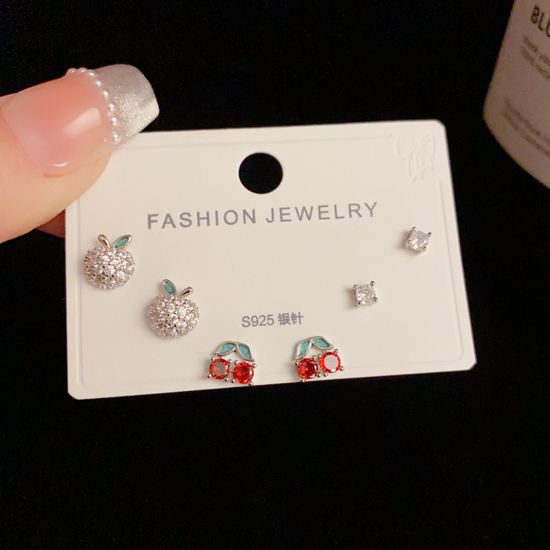 925 Sterling Silver Ear Needle Material 1 Set Cute Cherry Apple Copper Zircon Small Stud Earrings