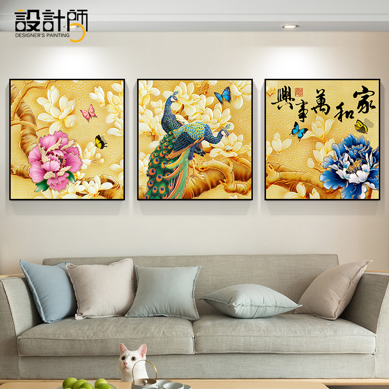 新中国式客間装飾画家と万事興ソファーの背景壁に花を掛けて富貴な寝室の三連壁画を描きます。|undefined