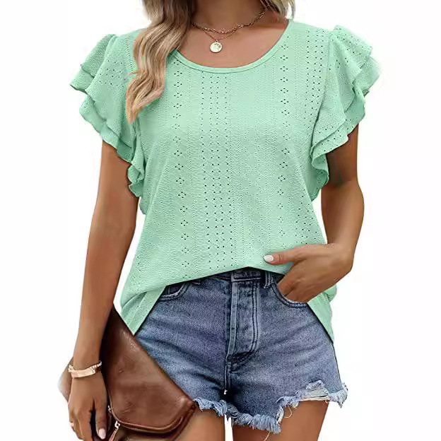 Cross-Border European and American Clothing 2023 New Summer Amazon Women's T-Shirt Eyelet Cut Out Lotus Leaf Sleeve Casual Top