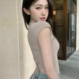 辣妹镂空后背绑带针织短袖女2024夏季新款设计感小众紧身短款上衣