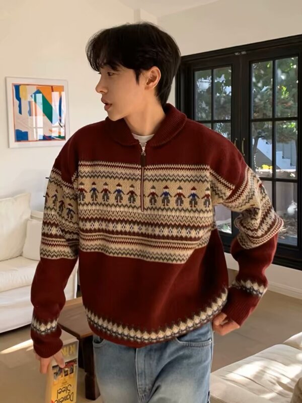 Autumn and Winter New Korean Style High-end Lapel Long-sleeved Half-zipper Knitted Sweater Top Men's Loose American Style Retro Autumn and Winter New Korean Style High-end Lapel Long-sleeved Half-zipper Knitted Sweater Top Men's Loose American Style Retro