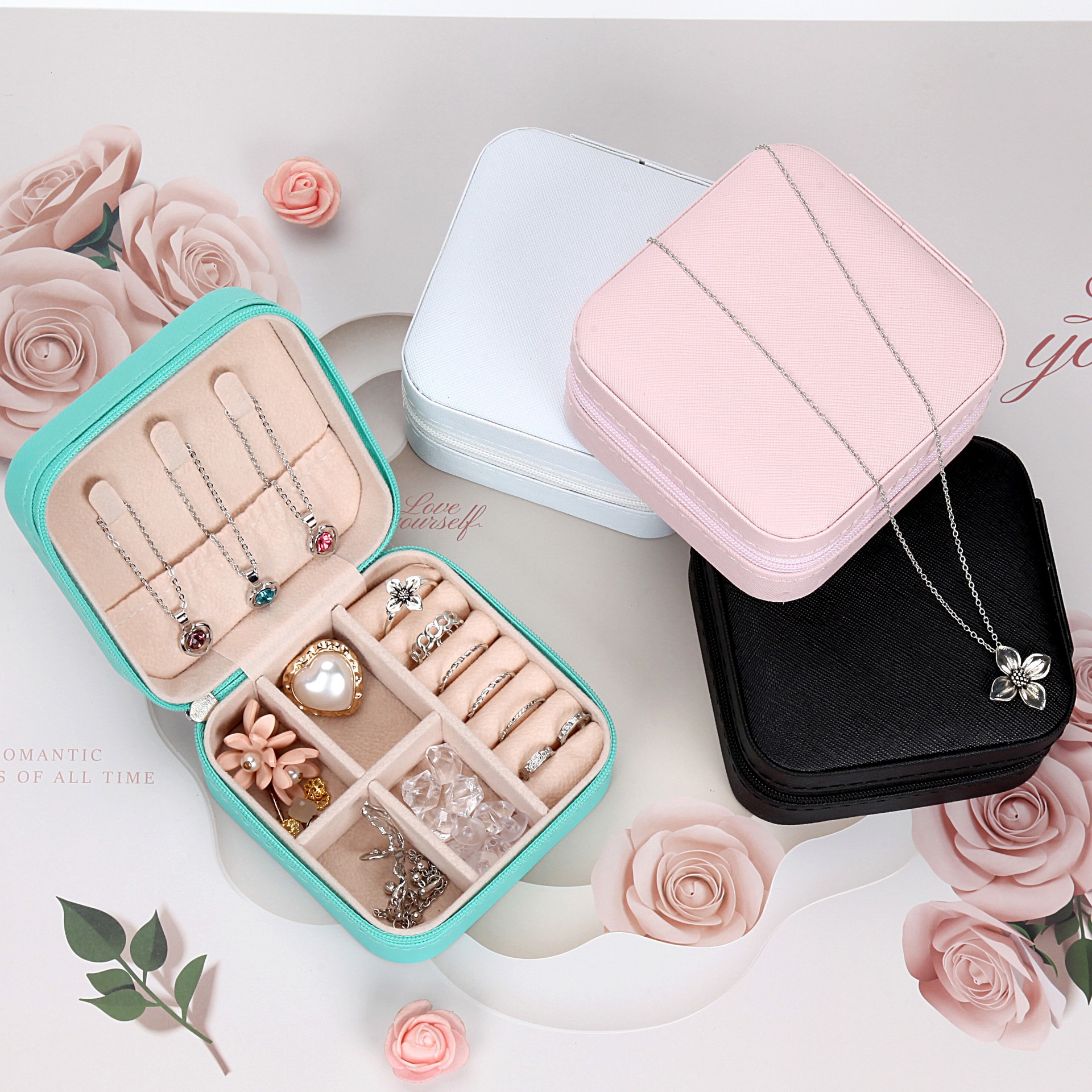 简约ins风跨境首饰收纳盒戒指耳钉项链首饰盒便携拉链居家饰品盒