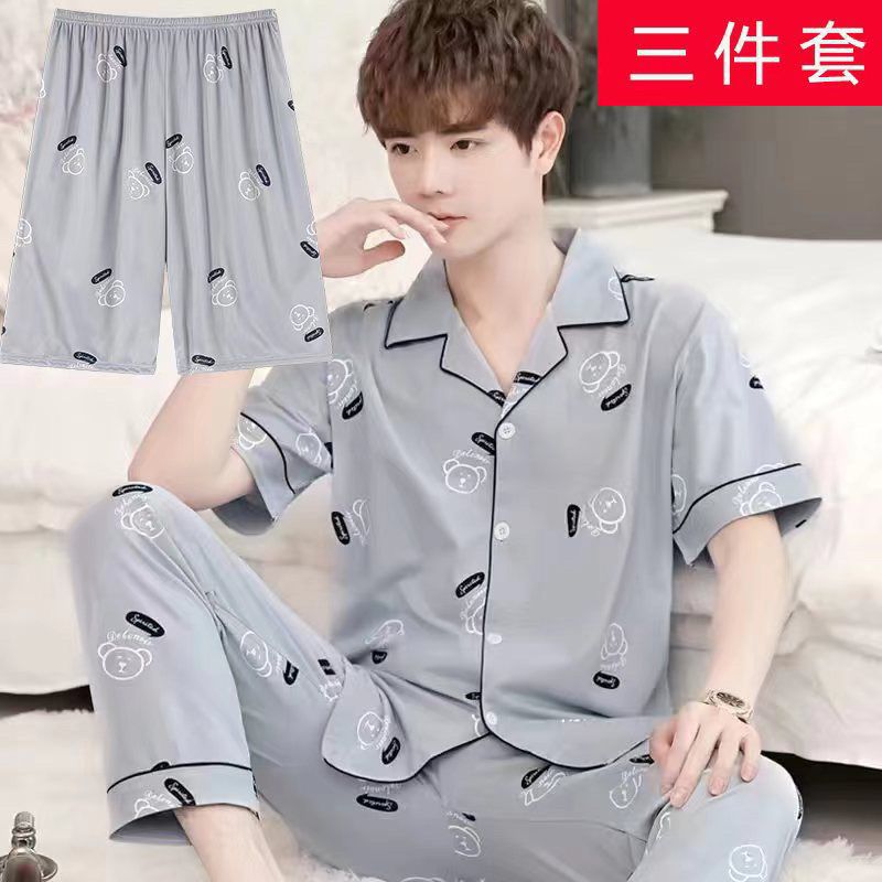 Pajamas de hombre de algodón de verano de tres piezas, pantalones largos de mangas cortas, ropa casera delgada, set grande