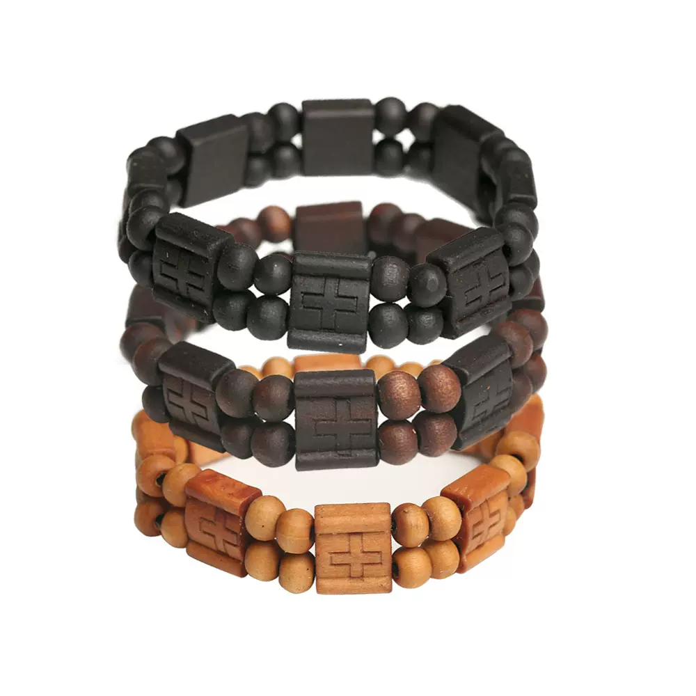 【现货】天然木制十字架手链黑色咖色男女弹力手串跨境饰品批发
