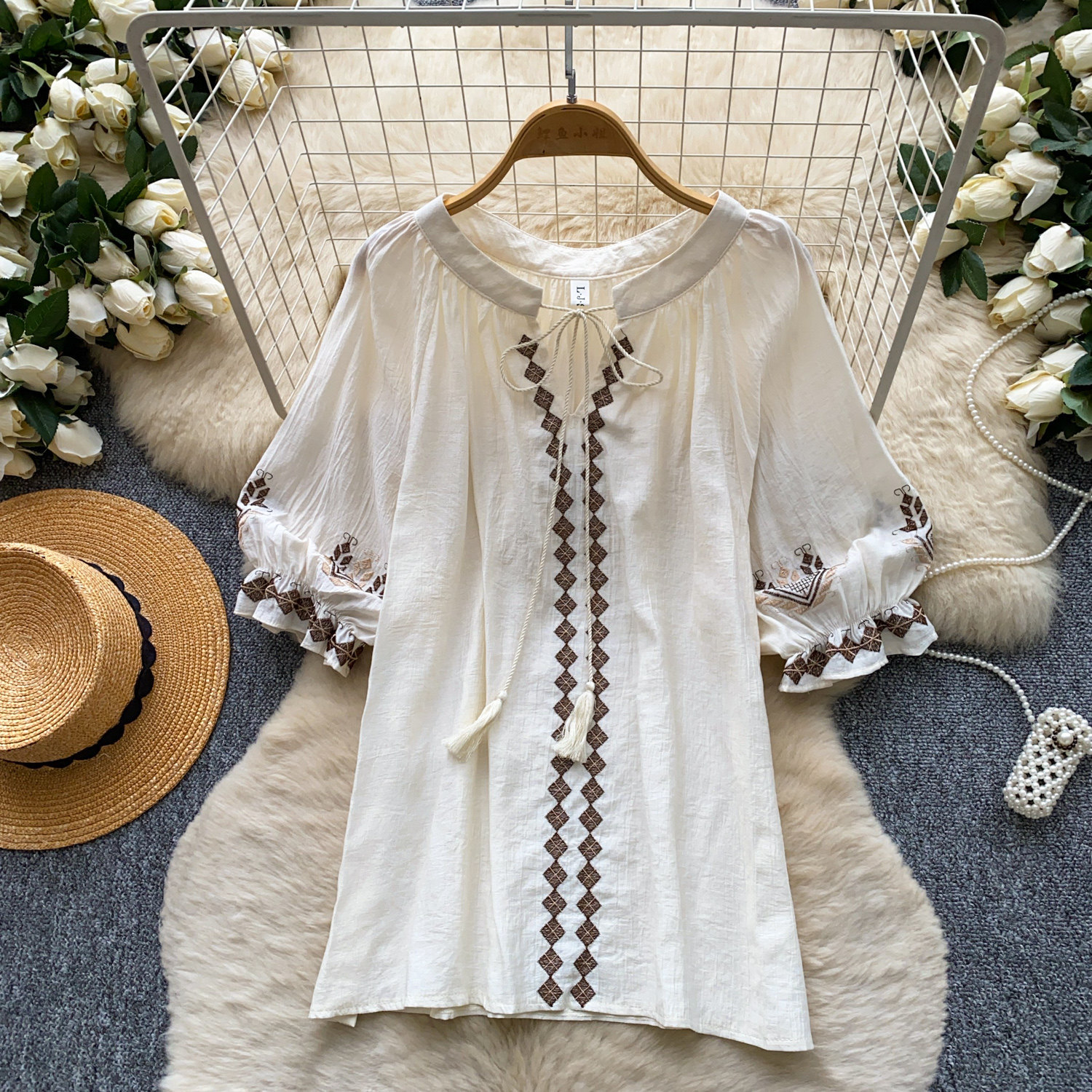 Elegant French Style Blouse for Women Red Embroidered Puff Sleeve Loose Fit Tie Waist Babydoll Top Spring Fashion_ecoleips.com