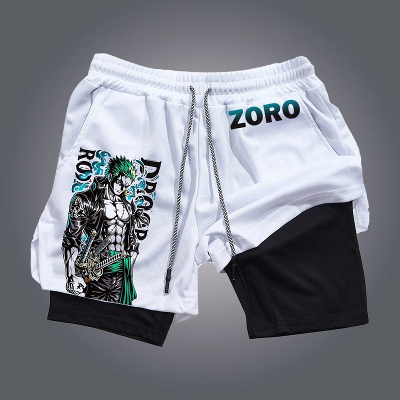 One Piece Japanese Anime Summer Sports Comfortable Double-Layer Shorts American Hot-Blooded Men's Beach Fitness Shorts