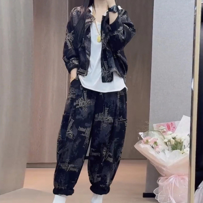欧货时尚复古牛仔套装女秋新款大码宽松个性印花哈伦|undefined