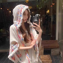 网红披肩针织流苏镂空外搭云南民族风连帽女外出旅游拍摄披肩斗篷