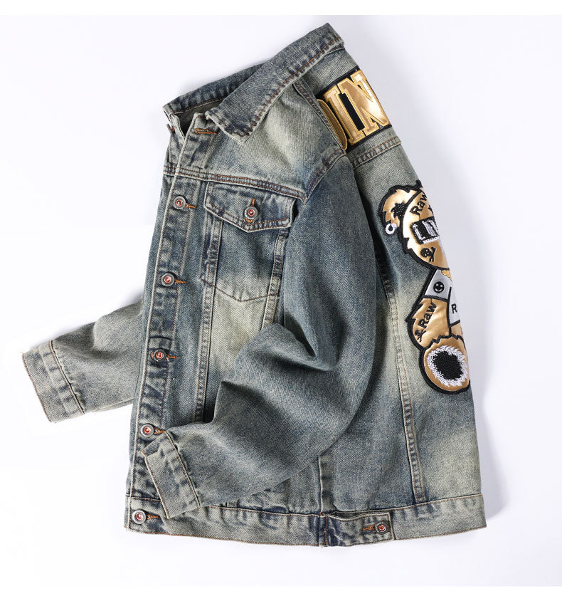 Bear [Trendy] High-luxury locomotive style embroidery fashionable men's denim jacket, denim jacket men's top 532_voghion.com