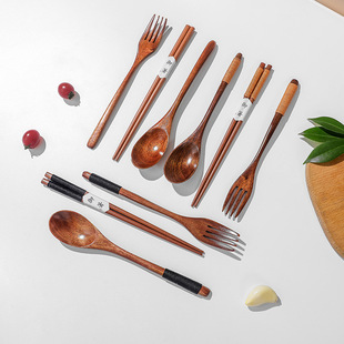 Creative 22.5cm spoon and fork chopsticks three-piece set of long handle adult winding wooden chopsticks wooden spoon wooden fork portable tableware