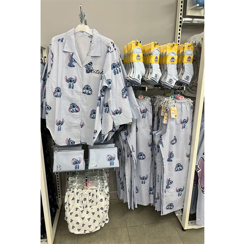 可爱卡通史迪仔印花睡衣女款2025春秋新款大码长袖长裤家居服套装|undefined
