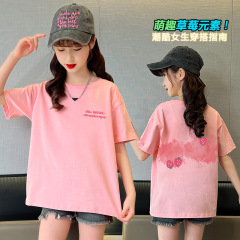 女の子半袖純綿tシャツ夏新作ゆるいスポーツ漫画プリント上着洋気半袖tガール子供服
