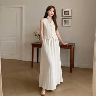 Real Shot of French Style Small Fragrance Suit Korean Style Gentle Style Sleeveless Buttoned Top High Waist Skirt Two-Piece Summer Set