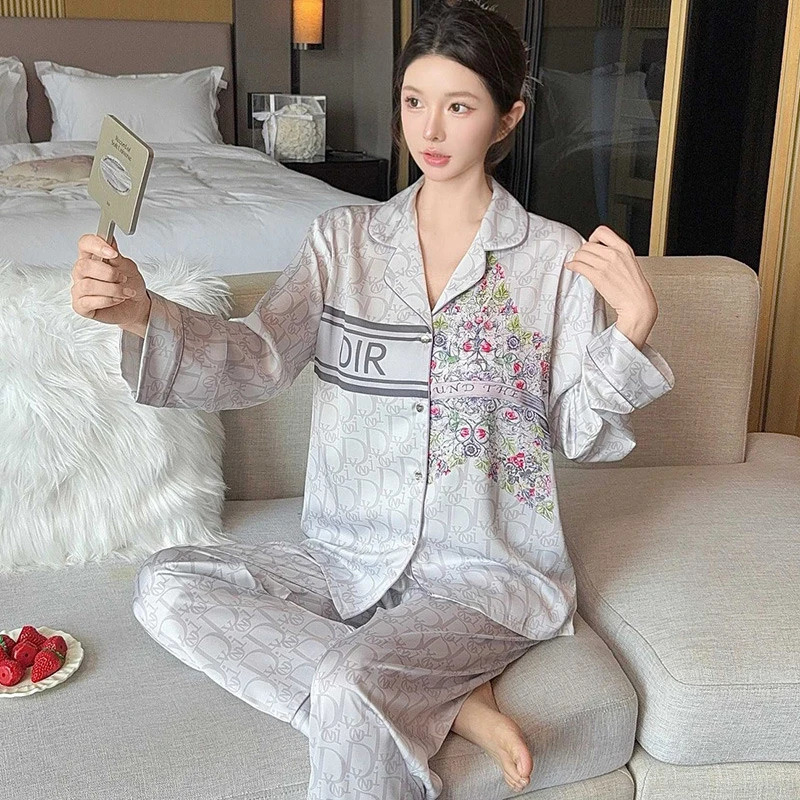 Da Vinci Code Imported Niche Designer Light Luxury Trendy Brand Spring and Autumn Ice Silk Pajamas Long-Sleeved Long Pants for Women