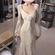 法式气质名媛淑女长袖设计感连衣裙女重工别致绝美飘带长裙子韩版