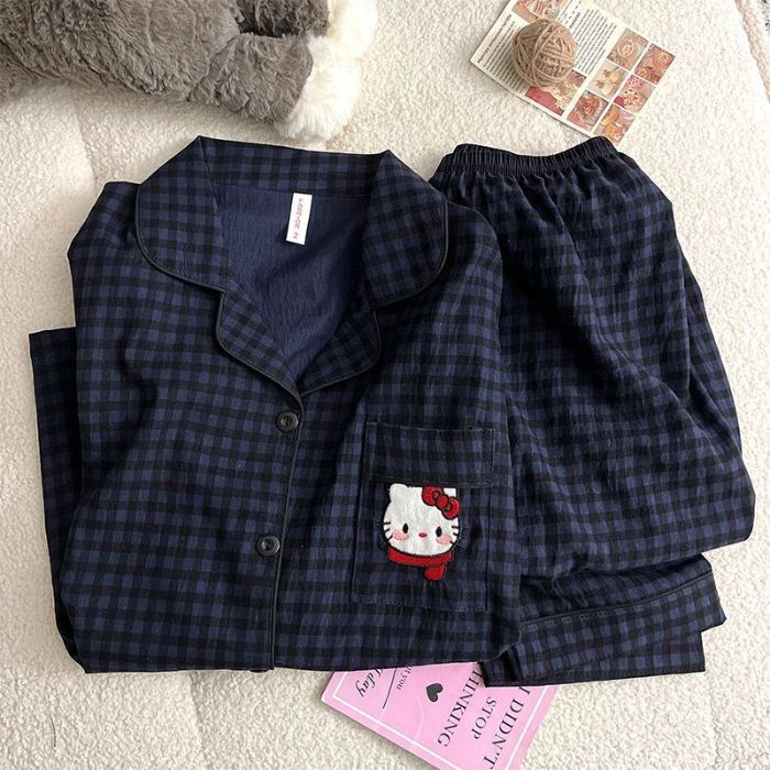Pijamas de algodón de nube al por mayor transfronterizo, pantalones de manga larga para mujer, solapa, otoño nuevo estilo, linda rebeca, dulce servicio a domicilio, gato kt