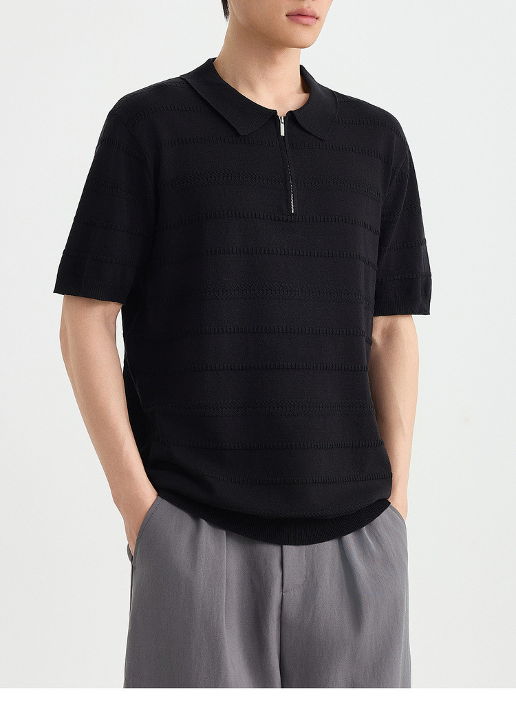 Áo polo nam tay ngắn cổ bẻ phối khóa kéo một nửa, chất liệu dệt kim hoa văn jacquard — đen chi tiết 30
