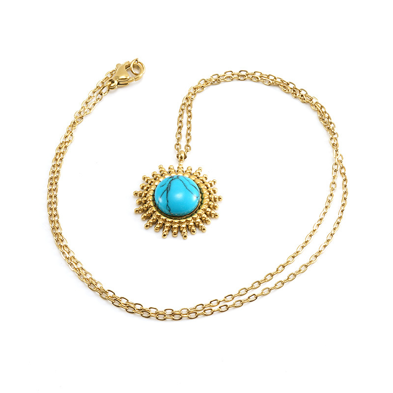 Nuovo ciondolo rotondo in acciaio inossidabile turchese blu per donna, semplice stile Ins, collana in acciaio al titanio_voghion.com