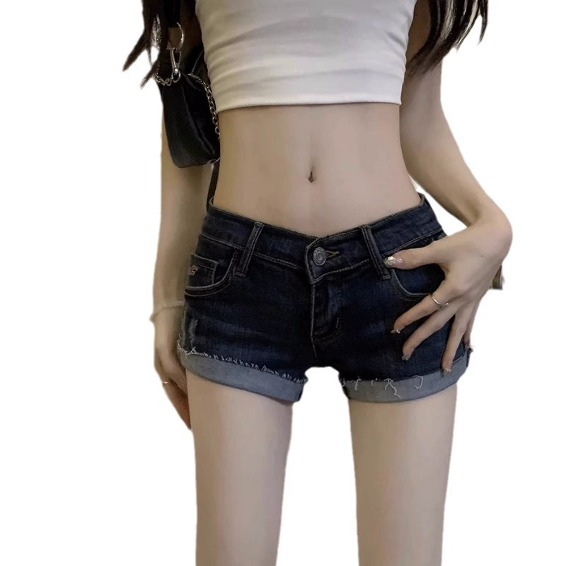 Denim summer shorts women, American style, loose straight fit, blue