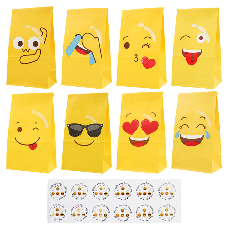 Bolsa de papel con emoticonos de dibujos animados amarillos, recuerdo de fiesta de cumpleaños, bolsa de comida creativa desechable para empaquetar alimentos