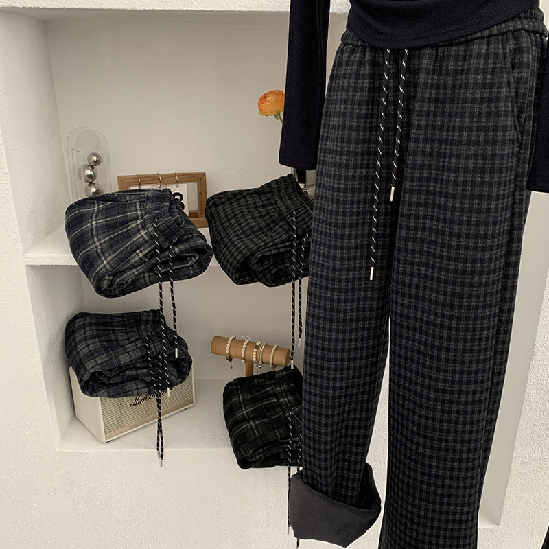 欧玛莱 格子磨毛阔腿裤女冬季新款高腰加绒显瘦百搭休闲长裤 5081