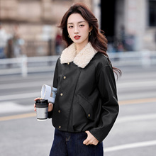 2025秋冬高端气质休闲宽松毛领加绒时尚外套小个子夹克皮衣WA9808