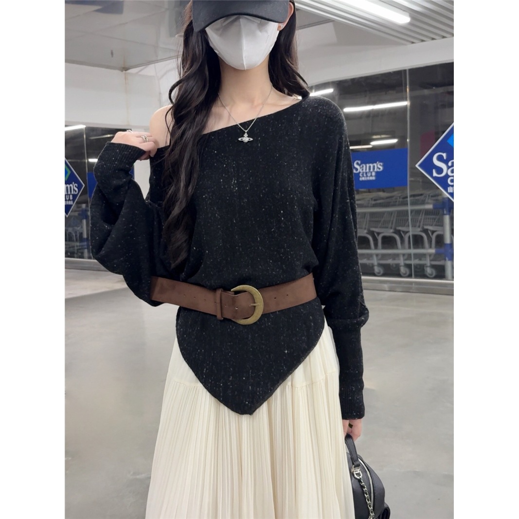 Real Shot of French-Style Asymmetrical Knitted Sweater for Women, New Autumn Loose Lazy Style Slimming Top with Belt Trendy