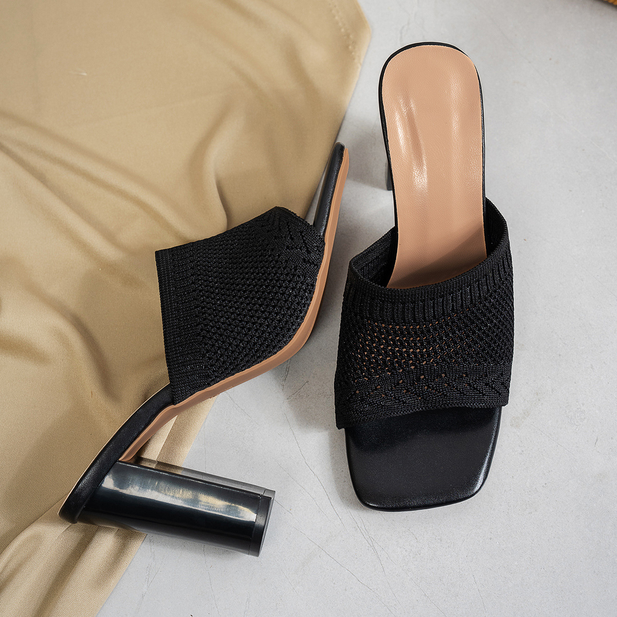 Large Size Outer Shoes 2026 New Summer Fashion Square Head Thick Heel High Heels Light Cool Slippers_voghion.com