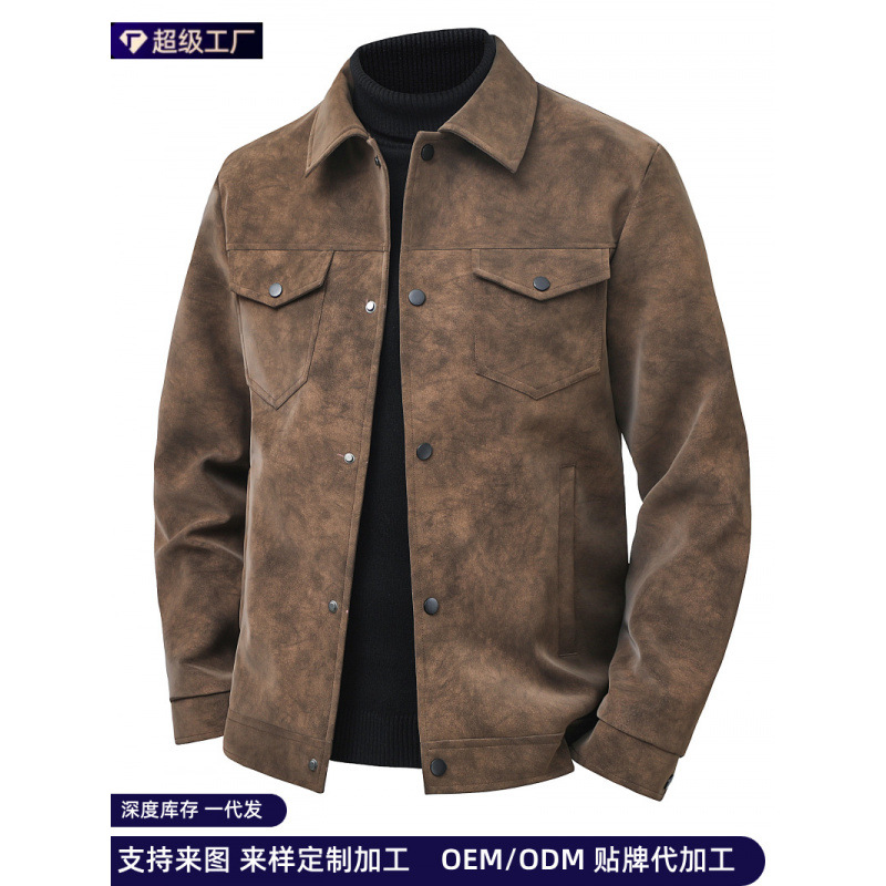 Cross-border wholesale of new men's leather jackets, trendy casual outerwear, vintage American-style PU leather jackets with a loose fit and turn-down collar