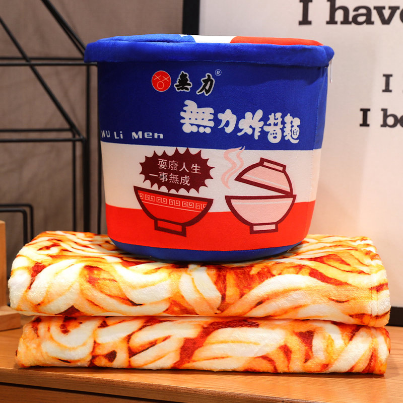 Simulación de dibujos animados de carne roja enchufe fideos instantáneos barril de fideos instantáneos 2 en 1 manta de almohada de peluche aire acondicionado manta de siesta