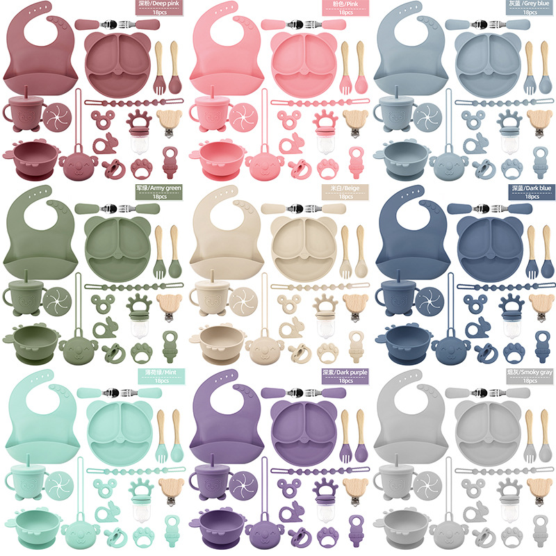 Transfronterizos niños suplementarios de silicona platos de comedor bebés platos de comedor sonrientes 18 conjuntos de platos de alimentación madre-infantil al por mayor