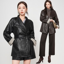 海宁皮衣女中长款2025秋冬韩版全皮西装领系带绵羊皮风衣外套潮