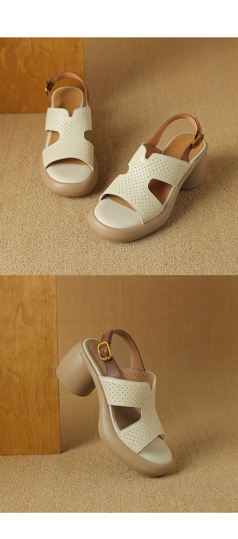 Sandal cao gót hở mũi nữ đế dày da cừu quai ngang đục lỗ — Màu trắng be chi tiết 12