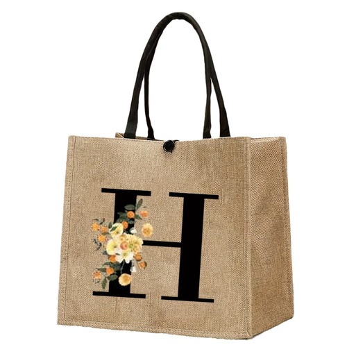 Large-capacity, trendy letter-printed tote bag—durable jute pouch, casual handbag perfect for students, commuters, and shopping trips.