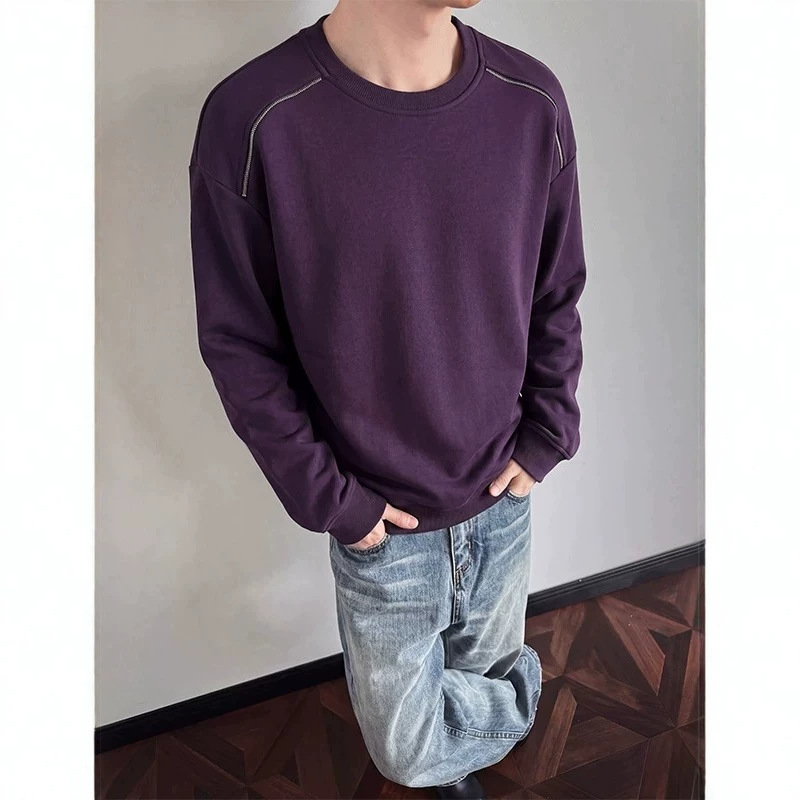 2026 Autumn New Men's Cotton Zipper-Shoulder Sweatshirt, Round Neck Long Sleeve T-Shirt, Loose Fit Casual Top 2026 Autumn New Men's Cotton Zipper-Shoulder Sweatshirt, Round Neck Long Sleeve T-Shirt, Loose Fit Casual Top