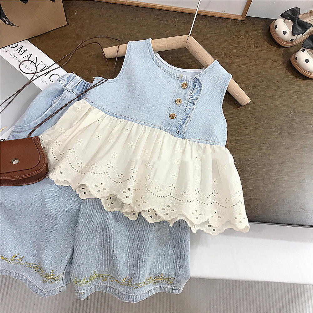 Girls' Clothing 2025 Summer New Fashion Lace Splicing Denim Vest Plus Straight Pants Two-Piece Set Foreign Trade Hot Style