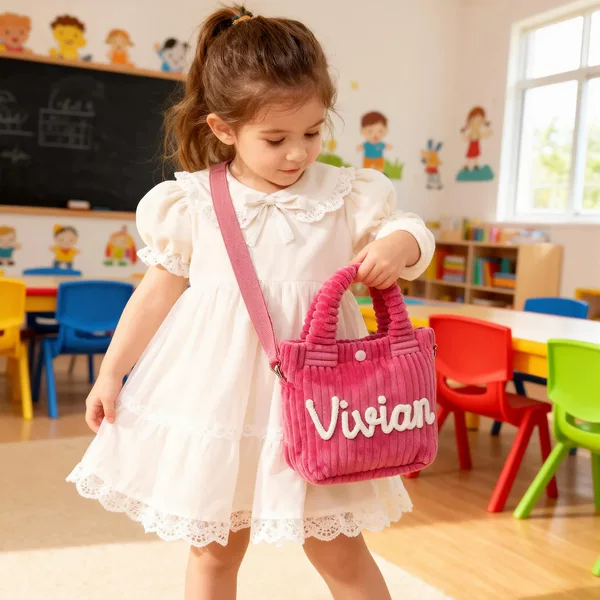 Back-To-School Season Children's Crossbody Bag with Handmade Embroidery, Custom Name, Corduroy Bucket Bag, Cross-Border Hot Seller