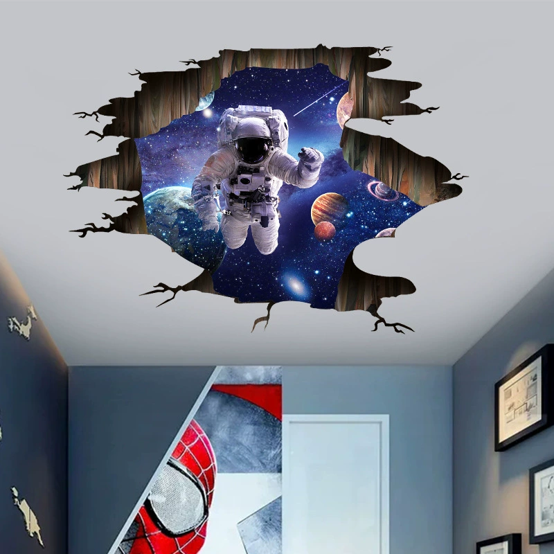 Творческий трехмерный через стену потолка вселенной астронавт наклейки на стену наклейки для гостиной спальни украшения обои