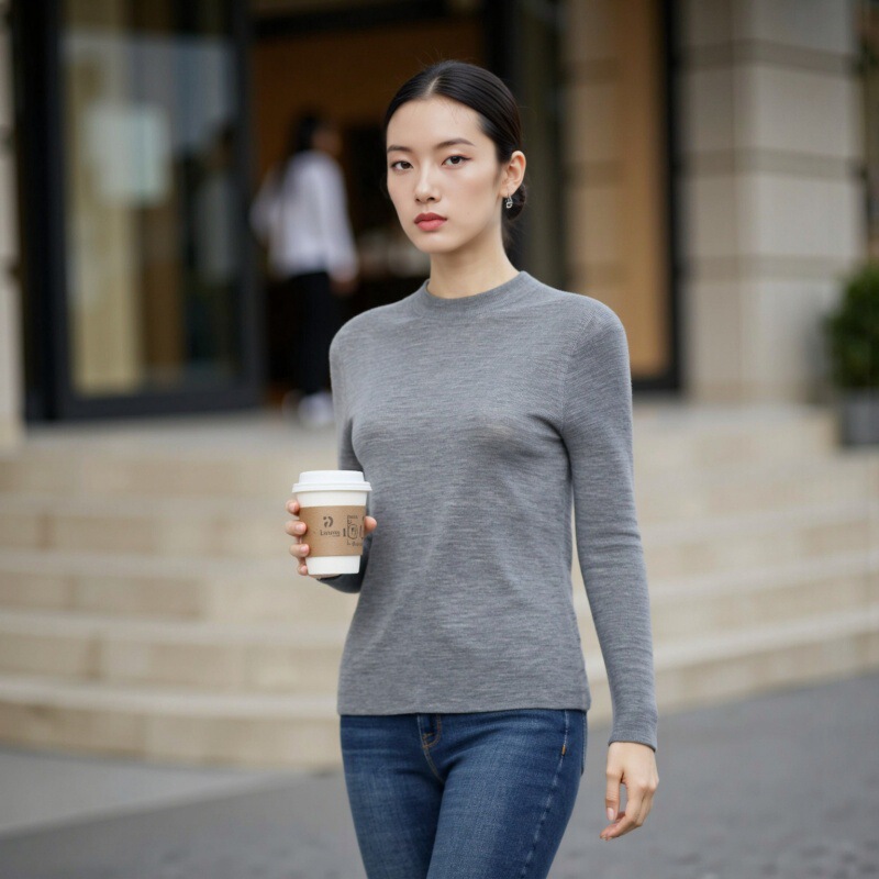 Ai Island Fine 18-Gauge Seamless Half Turtleneck 100% Wool Sweater for Women Early Autumn Slim Fit Pullover Knit Base Shirt