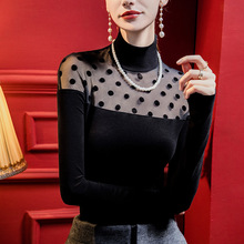 高领植绒波点蕾丝拼接打底衫女2024冬季新款女装性感洋气磨毛上衣