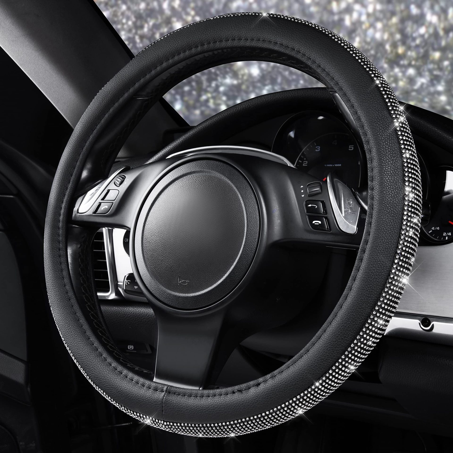 Source Factory Cross-Border Rhinestone-Embellished Leather Steering Wheel Cover Amazon Hot-Selling Rhinestone Car Steering Wheel Cover with Inner Ring and Rhinestones