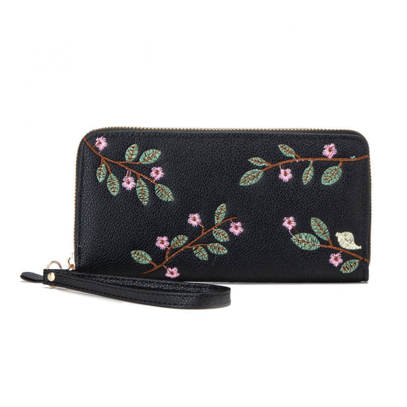 2025 nueva cartera de mujer larga cremallera bolso de mano de moda bordado bolso de cambio de cuero suave de gran capacidad