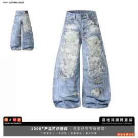 复古花卉破坏水洗3D打印ins时尚街头宽松阔腿牛仔裤子男-跨境男装
