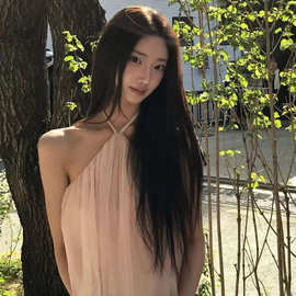 INS博主款 韩系简约气质优雅网纱仙仙挂脖吊带背心
