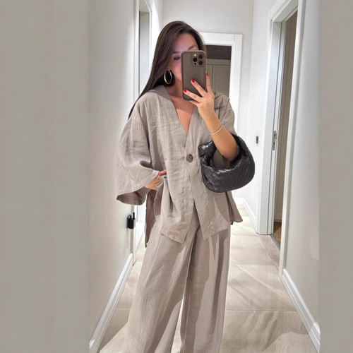 Women's fashionable casual suit V-neck one-button loose long-sleeved top high-waisted trousers two-piece set